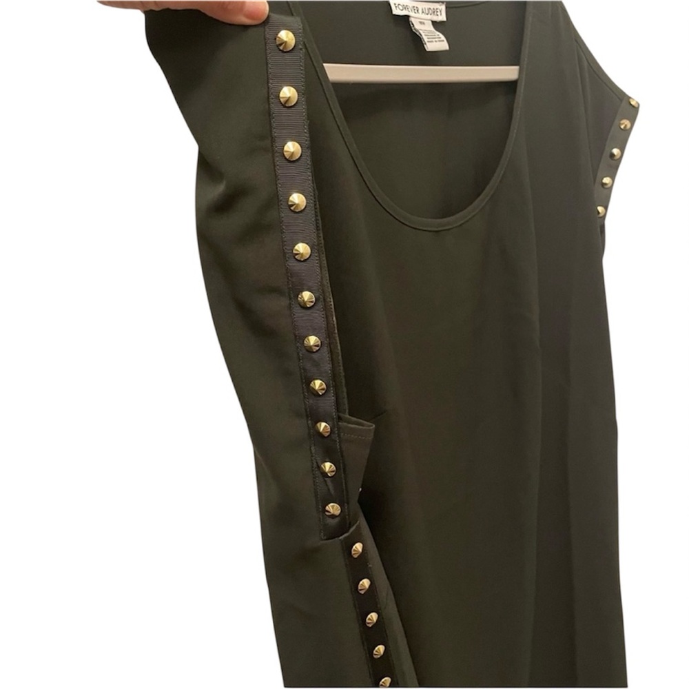 Black Midi Dress, Heavy Gold Studs, Scoop Neck, Rock n Roll, Flowy, Goth, Moto - Picture 4 of 10